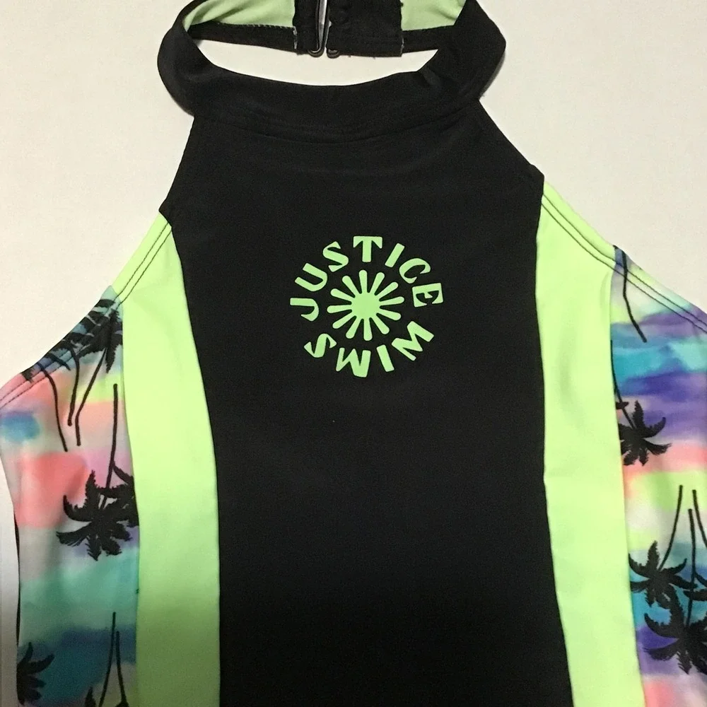 Justice Girls Black Neon Green Palm Tree High Neck One Piece Swimsuit Size 10 M